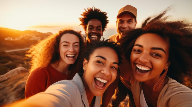 un groupe d'amis divers capturant un moment avec un soleil couchant vibrant en selfie derrière