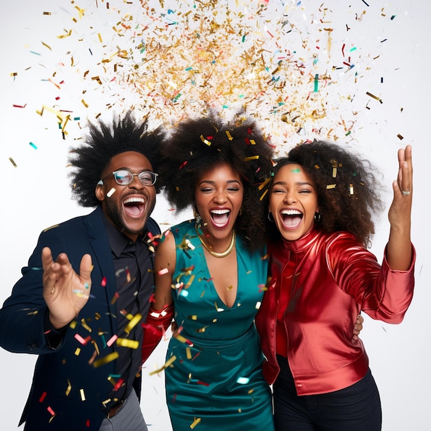 Groupe d'amis divers célébrant lors d'une fête bonne année joie confetti promo sur les réseaux sociaux