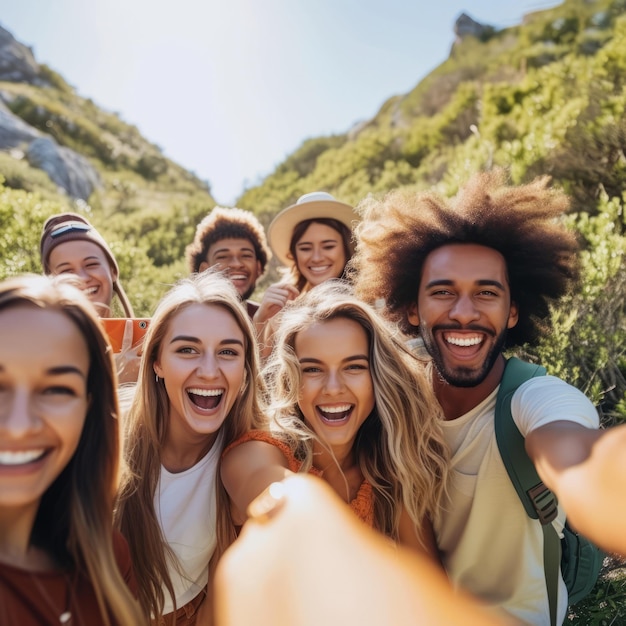 Un groupe d'amis divers prennent un selfie dans les montagnes.