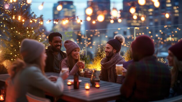 Un groupe d'amis divers profitant d'une fête sur le toit avec des vues sur l'horizon de la ville et des décorations festives