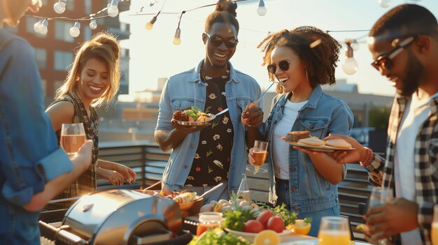 Photo un groupe d'amis diversifiés profitent d'une fête sur le toit. ils grillent, boivent et rient.