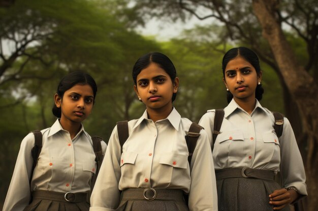 Groupe d'amis de l'école indienne se tenant ensemble à l'école