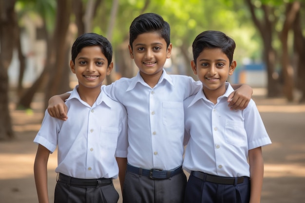 Groupe d'amis de l'école indienne se tenant ensemble à l'école