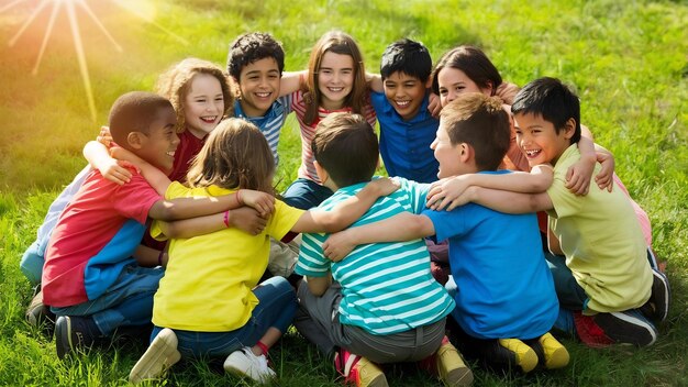 Un groupe d'amis d'enfants s'assoient ensemble.