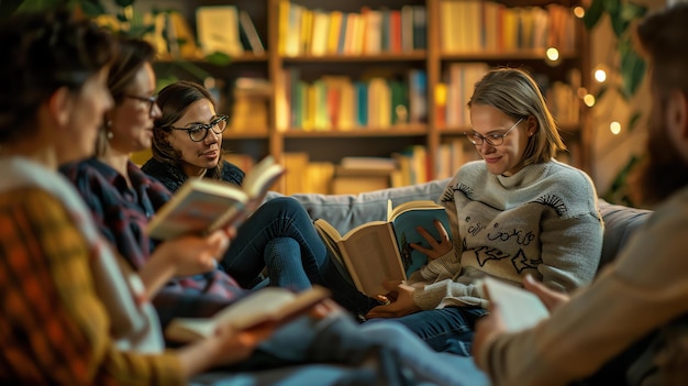 Un groupe d'amis est assis sur un canapé dans une bibliothèque en train de lire des livres. Ils portent tous des vêtements décontractés et ont l'air détendus.