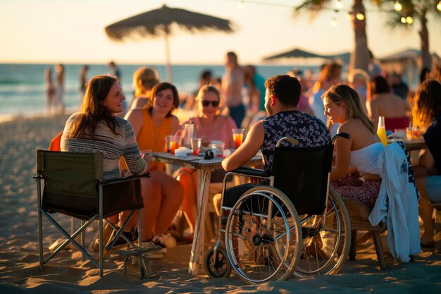 Un groupe d'amis et l'un d'eux est un homme handicapé dans un fauteuil roulant faire une fête