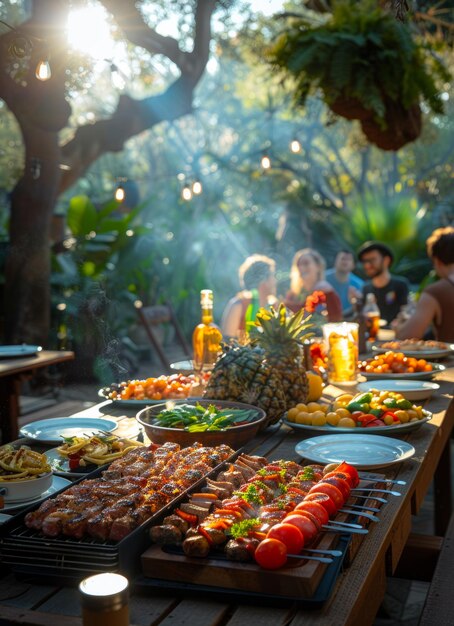 Un groupe d'amis faisant un barbecue dans la nature.