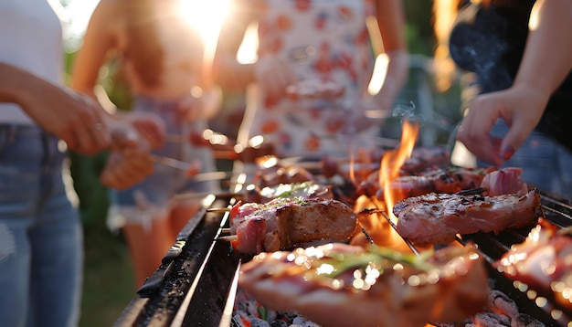 Photo un groupe d'amis faisant un barbecue en plein air en gros plan