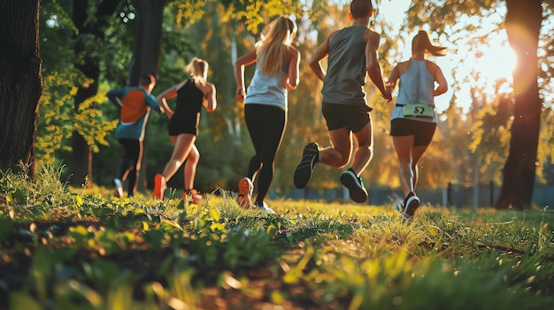 Un groupe d'amis faisant du jogging dans le parc par une journée ensoleillée. Ils portent tous des vêtements de sport et ont l'air heureux et en bonne santé.