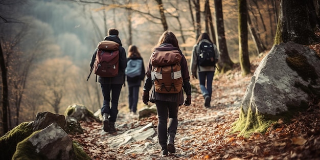 Groupe d'amis faisant du trekking avec des sacs à dos marchant dans la forêt