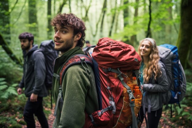 Photo un groupe d'amis faisant de la randonnée dans une forêt avec leurs sacs à dos chargés d'équipement de camping