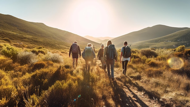 Groupe d'amis faisant de la randonnée ensemble à l'extérieur, explorant la nature sauvage et s'amusantGenerative Ai