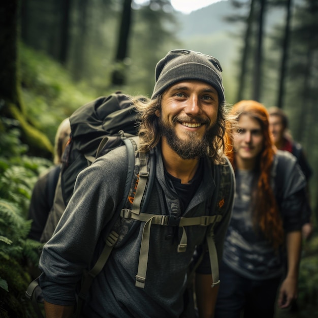 Photo un groupe d'amis faisant une randonnée à travers une forêt luxuriante partageant des rires le long du chemin ia générative