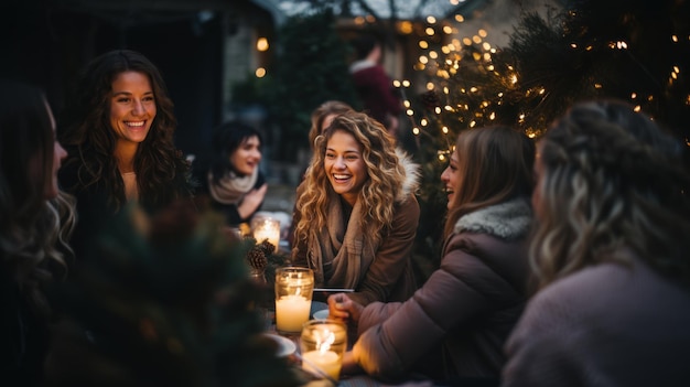Un groupe d'amis féminins s'amusent sur un marché de Noël par une froide journée d'hiver