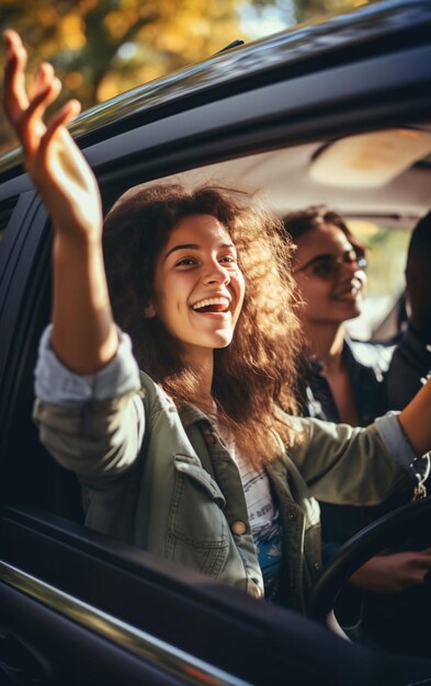 Un groupe d'amis de filles voyagent ensemble en voiture rient et s'amusent en vacances