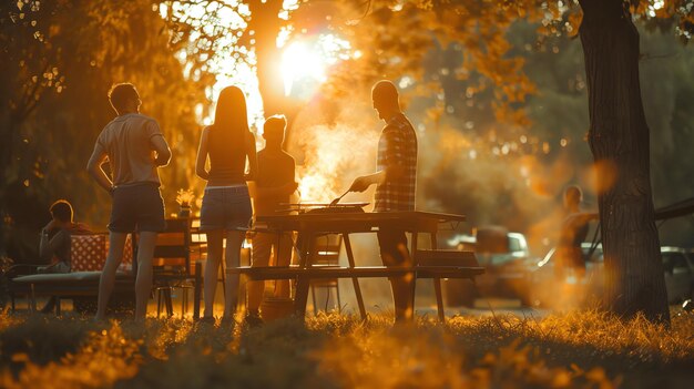 Un groupe d'amis font un barbecue dans le parc. Ils apprécient le temps chaud et le beau paysage.