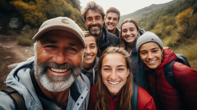 Un groupe d'amis font de la randonnée dans les montagnes Ils sourient IA générative