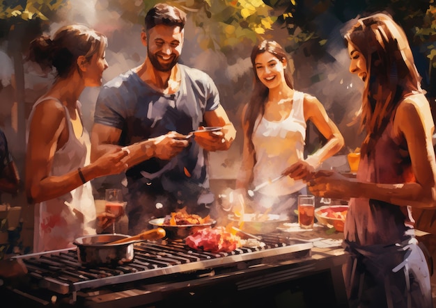 Un groupe d'amis grillant de la viande lors d'une soirée barbecue