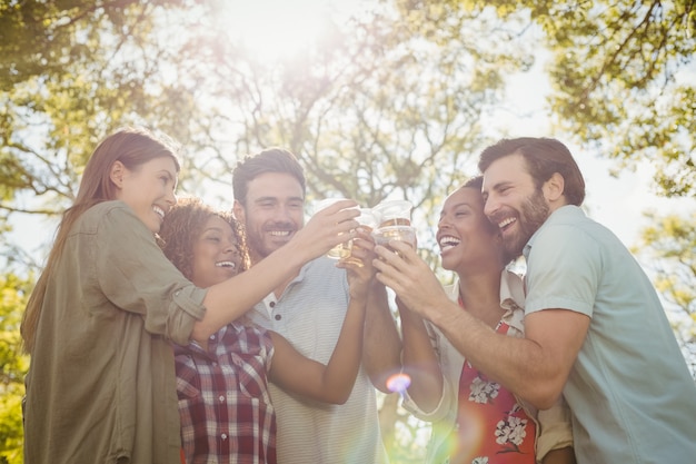 Groupe d'amis griller un verre de bière dans le parc