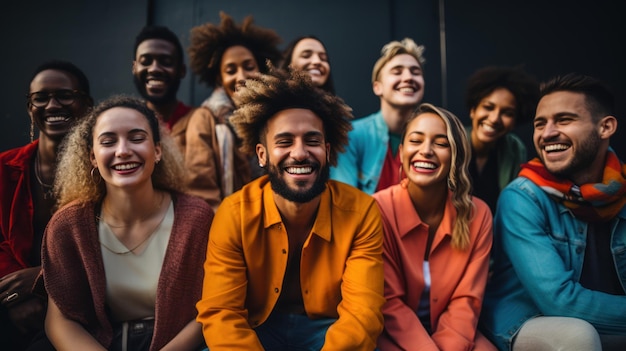 groupe d'amis heureux assis isolés sur un fond de mur gris utilisant un téléphone portable pour discuter