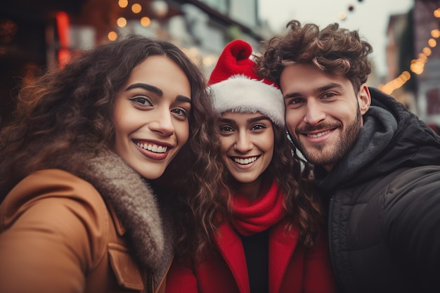 Un groupe d'amis heureux célébrant ensemble Noël dans la ville Noël Bonne année
