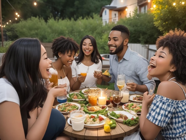Groupe d'amis heureux déjeunant dans le restaurant pendant une journée d'été ensoleillée