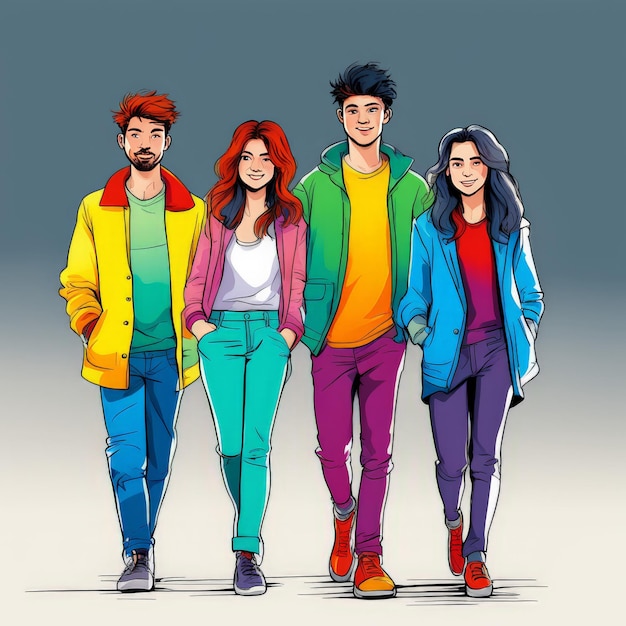 groupe d'amis heureux marchant dans des vêtements colorés groupe d'ams heureux marchant en c colorés