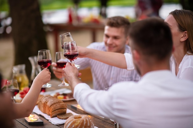 groupe d'amis heureux portant un verre de vin rouge tout en pique-niquant un dîner français en plein air pendant les vacances d'été près de la rivière dans une belle nature