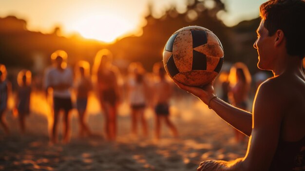 Photo groupe d'amis jouant au volley-ball avec plage isolée en arrière-plan