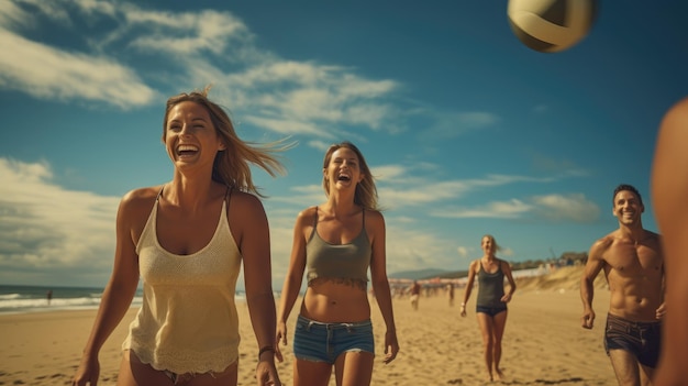 Un groupe d'amis jouant au volleyball de plage