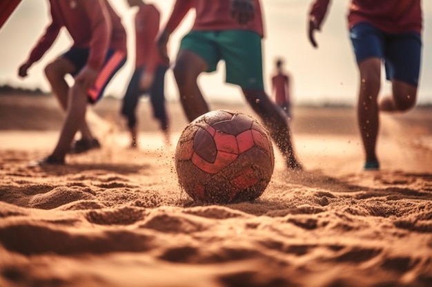 Photo un groupe d'amis jouant à un jeu de football de plage sur le sable