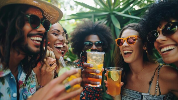 Un groupe d'amis joyeux et divers profitant d'une fête d'été avec des boissons rafraîchissantes