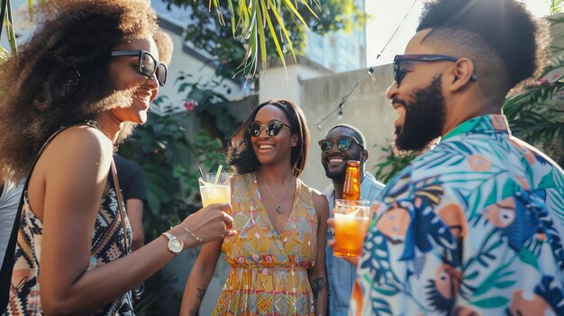 Un groupe d'amis joyeux et divers profitant d'une fête d'été avec des boissons rafraîchissantes