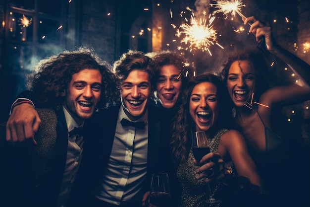 Un groupe d'amis joyeux profite de la fête du nouvel an dans une discothèque