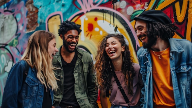 Un groupe d'amis joyeux riant devant un mur de graffitis Style de vie urbain et concept d'amitié