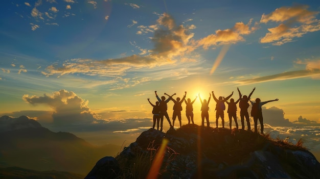 Un groupe d'amis levant les bras triomphalement au sommet d'une montagne