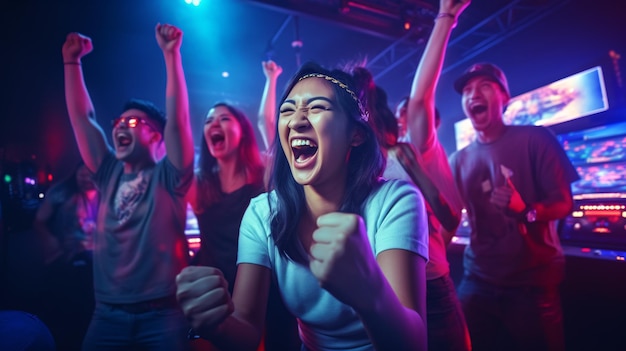 Un groupe d'amis en liesse se réjouissant du triomphe d'une jeune femme asiatique lors d'un tournoi de jeu virtuel dans un site d'e-sport contemporain