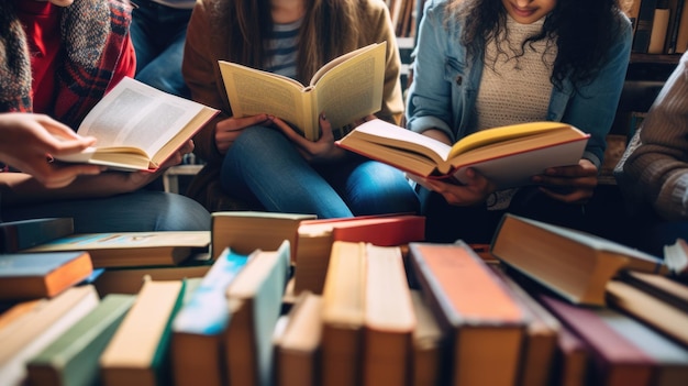 Photo un groupe d'amis lisant des livres ensemble créé avec la technologie generative ai