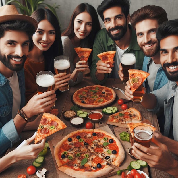 Photo un groupe d'amis mangeant de la pizza et buvant de la bière à une table en bois.