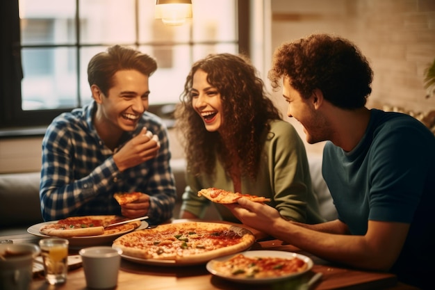 Un groupe d'amis mangeant de la pizza et s'amusant