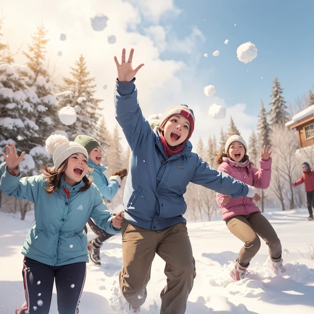 Un groupe d'amis ou de membres de la famille s'engage dans une bataille de boules de neige.