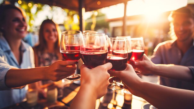 Un groupe d'amis multiethniques heureux font une fête en plein air dans un jardin un soir chaud un groupe d'ams profitent d'une soirée à boire dans un bar ensemble faisant un toast