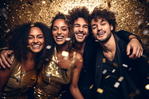 Photo un groupe d'amis multiethniques rient et profitent d'une élégante fête de nouvel an.