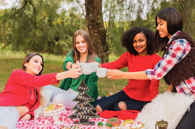 Groupe d'amis multiethniques toast avec du thé de Noël dans le parc