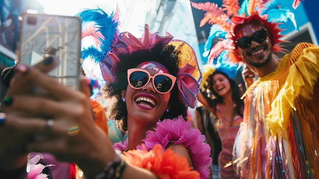 Un groupe d'amis multinationaux prend des selfies sur un téléphone portable dans la ville lors d'un festival