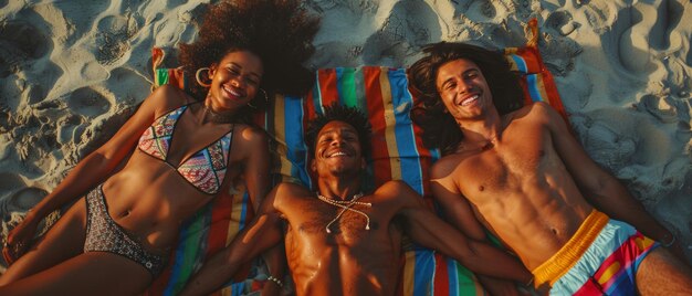 Photo un groupe d'amis multiraciaux allongés sur une serviette de plage