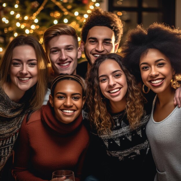 Groupe d'amis passant du temps ensemble temps d'hiver décoration de la ville de Noël arrière-plan