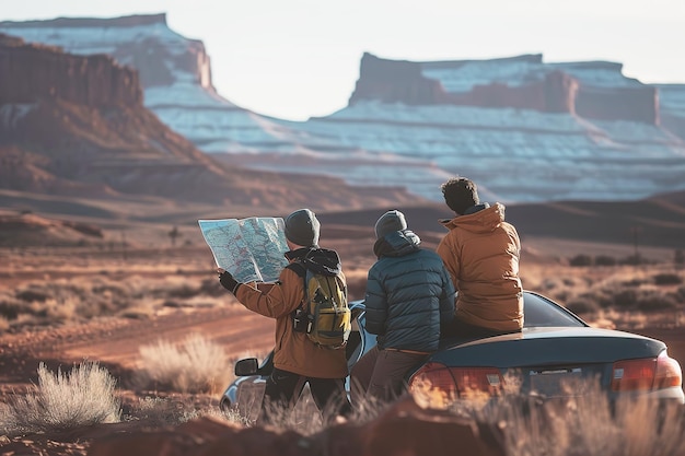 Un groupe d'amis planifiant une route dans un paysage désertique