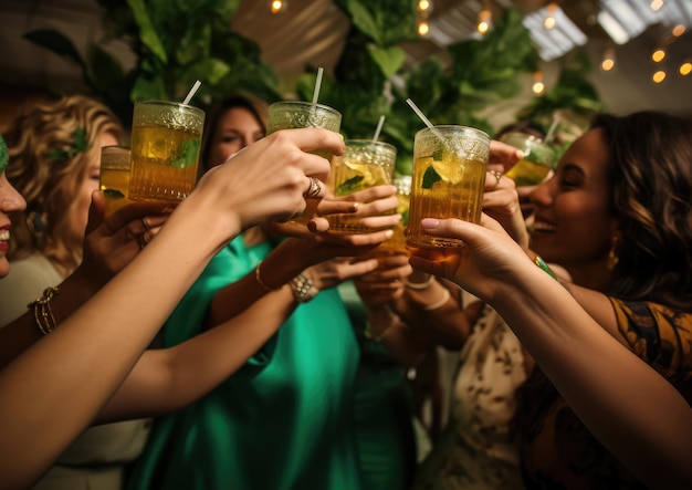 Un groupe d'amis portant des verres Mint Julep pour porter un toast lors d'une fête du Kentucky Derby