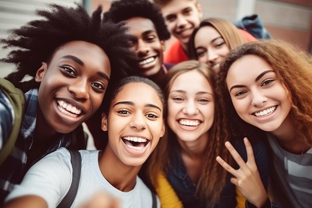 groupe d'amis posant pour une photo avec un appareil photo et une fille montrant une photo d'eux